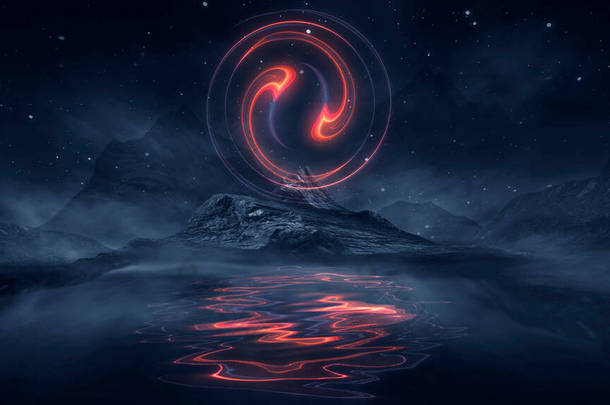 未来派幻想的夜景与抽象的风景与岛屿,月光,光芒,月亮,霓虹灯.黑暗的自然景观,在水中反射光线.Neon space galaxy portal.3D插图. 