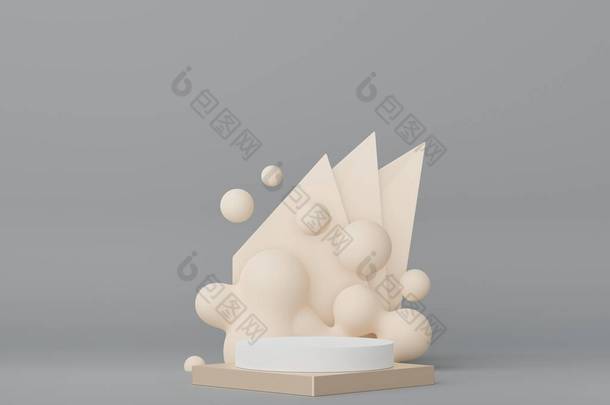 复古现代和当代设计的产品置放的软垫。3D<strong>渲染</strong>最小场景，用于模拟和展示品牌。化妆品广告的<strong>立面</strong>平台.