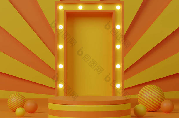 三维在橙色和黄色抽象背景上渲染空圆筒平台.