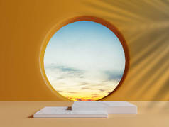 利用3D渲染技术实现夏季产品舞台展示的双正方形大理石台面，从圆形窗户到橙色墙壁上的棕榈叶阴影的蓝天场景最小.