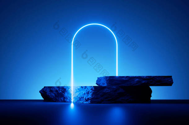三维渲染，抽象的最小蓝色霓虹灯背景与发光的<strong>拱形</strong>和鹅卵石。设有产品展示平台的展示场景