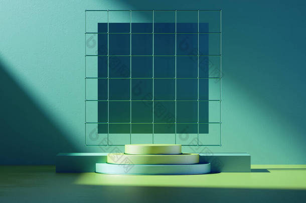 3D渲染。最小的抽象几何背景,阳光直射在翡翠绿色和薄荷色的阴影中.设有台阶、金色方格和空讲台的展示台的展示场景