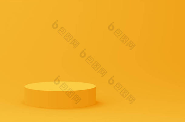 3D黄色圆筒讲台最小工作室背景。摘要三维<strong>几何形</strong>体图解绘制.夏季假日产品的展示.