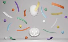 3D渲染万圣节背景的概念。白色南瓜,有气球,色彩艳丽的意粉飘浮在背景上.3D渲染。3D插图。最小创意创意概念.