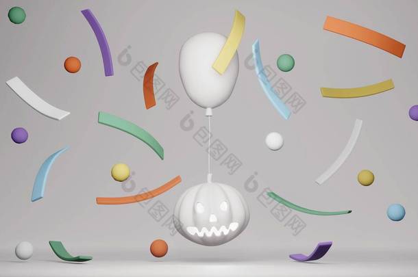 3D渲染万圣节背景的概念。白色南瓜,有气球,色彩艳丽的意粉飘浮在背景上.3D渲染。3D插图。最小<strong>创意创意</strong>概念.
