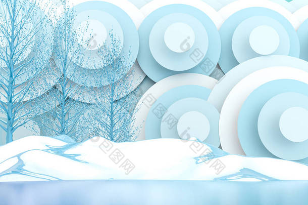 冬季抽象圈及落叶山水背景3D渲染
