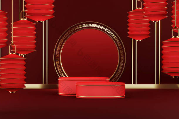 两个<strong>红色</strong>平台上的<strong>红色</strong>造型中国式，<strong>红色</strong>灯笼挂在周围。<strong>产品</strong>演示或广告的抽象背景。3d渲染