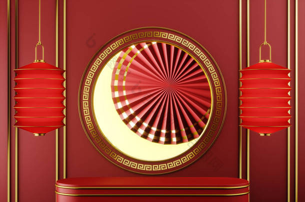 红色背景中国风格的红色平台，中国圆金<strong>框</strong>窗和中国扇，红色<strong>灯笼</strong>环绕着。产品演示或广告的抽象背景。3d渲染