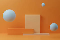 3D渲染与正方形讲台和泡沫橙色背景