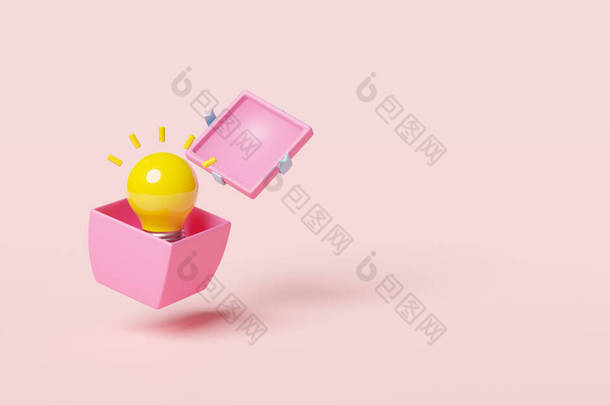 粉色礼品盒中的黄色<strong>灯泡</strong>，隔离在粉色背景上。商业理念提示概念，最<strong>小</strong>摘要，3D插图或3D渲染