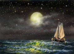 数码油画海景、渔船、夜空中的老船、月亮上的船