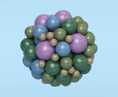 三维渲染,抽象几何圆形的彩色球体连接在一起.粉色、蓝色、绿色、米黄色、淡蓝色背景上的孤立元素