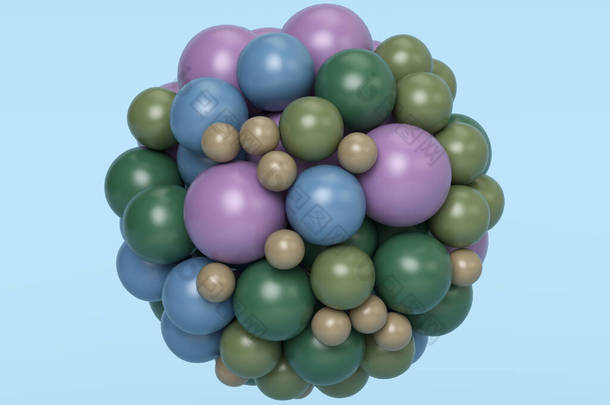 <strong>三维</strong>渲染,抽象几何圆形的彩色球体连接在一起.粉色、蓝色、绿色、米黄色、淡蓝色背景上的孤立<strong>元素</strong>