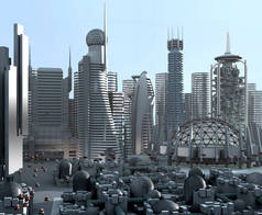 超大城市天际线未来建筑与金属结构，为科幻小说背景。轮廓裁剪路径包含在3D图解中.