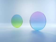 三维渲染，抽象简单的几何形状孤立在白色背景。扁平的圆形玻璃杯,呈绿色蓝紫色梯度.现代最低概念