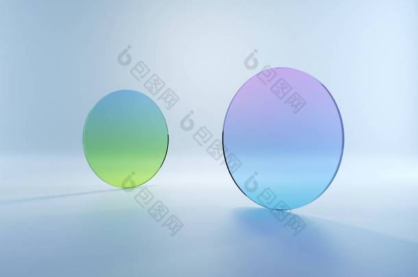 三维渲染，抽象简单的几何形状孤立在白色背景。扁平的圆形玻璃杯,呈绿色蓝紫色梯度.现代最低概念