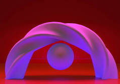 背景为红色。带有螺旋线的抽象。抽象几何。红色背景的3D球。背景3D图像渲染。纹理抽象模式。中间的粉红色拱门.