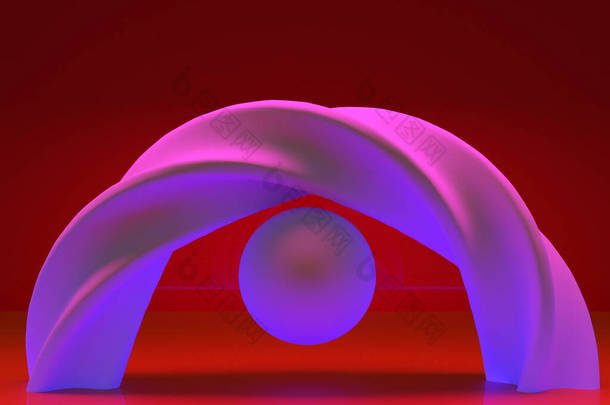 背景为红色。带有螺旋线的<strong>抽象</strong>。<strong>抽象几何</strong>。红色背景的3D球。背景3D图像渲染。纹理<strong>抽象</strong>模式。中间的粉红色拱门.