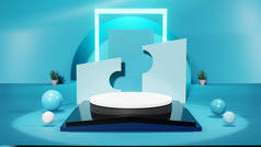 3D Podium显示，产品为蓝色墙背景，抽象背景3
