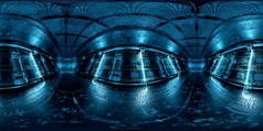 深蓝色宇宙飞船内部的HDRI全景视图。未来航天器机房三维绘制高分辨率360度全景反射绘图