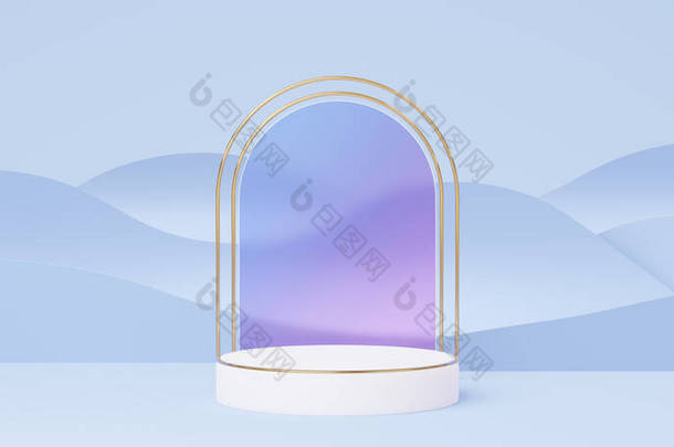 空白的白色大理石圆柱形讲台,金边,圆形<strong>玻璃</strong>拱顶,蓝色波浪背景.摘要最小工作室3D几何形状.展示产品设计的模拟空间.3d渲染.