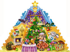 有趣的动物装饰圣诞树，欢乐的新年气氛，儿童图书插图