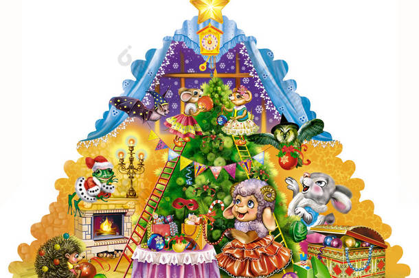 有趣的动物装饰圣诞树，欢乐的新年气氛，儿童图书插图