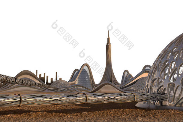 具有未来主义建筑的火星基地聚居区天际线的3D渲染，与白色隔离，包含在空间探索背景和科幻小说图形文件中的剪切路径.