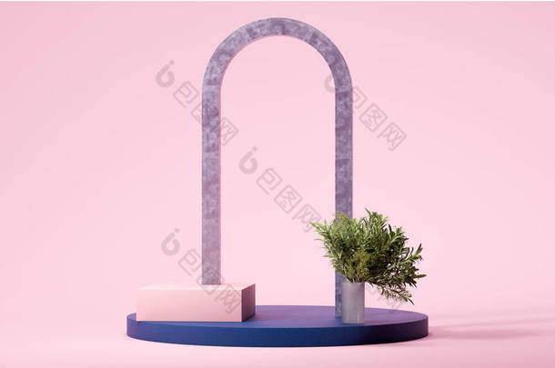 银灰色的弧形和蓝色的圆形讲台在粉红的背景附近的小棕榈树。最小的设计。复制空间。空荡荡的地方3d渲染.
