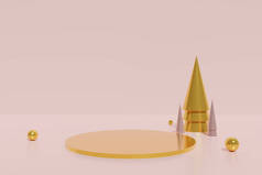 3D渲染金讲台及金锥形圣诞树，背景为珊瑚红色，上有球体