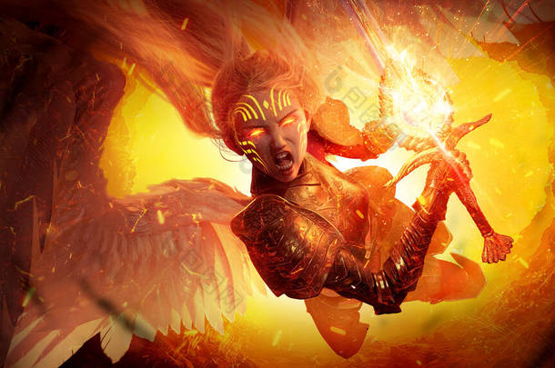 一个愤怒的天使女孩冲向战场，她高喊着准备好的圣剑，用她洁白的翅膀从地狱的深处冲出，她的眼睛燃烧着正义的火焰。3d渲染