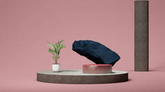 深蓝色的石头,圆形的讲台上陈列着粉红色的背景与小棕榈树.最小的设计。3d渲染.