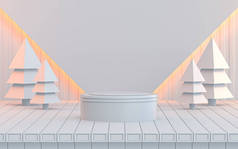 白色豪华圣诞讲台展示金聚光灯3D渲染抽象外观背景