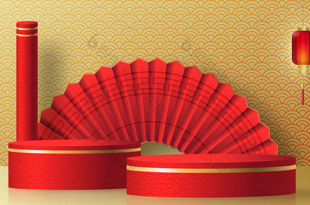 五彩缤纷的<strong>圆形舞台</strong>- -中国农历新年或中秋节的中式风格- -红木瓜剪彩背景艺术与工艺- -带有亚洲元素.
