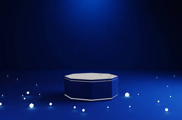 蓝色圆形讲台，蓝色工作室平台，用于在现代网站上发布产品或<strong>制作广告</strong>材料- - 3D渲染。摘要背景.