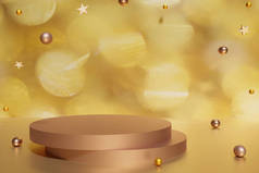 3D渲染玫瑰金讲台，金光闪闪的圣诞彩球，金色背景的星星