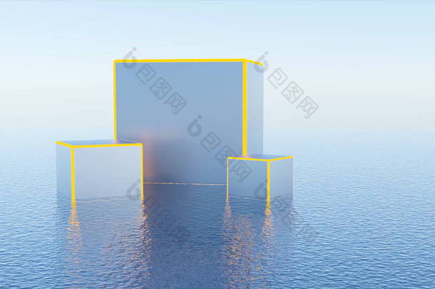 虚拟3D装饰与立方体。设计。具有不同尺寸和霓虹灯线条的立方体的虚拟风景造型设计。在孤立的背景上有霓虹灯框架的漂亮立方体