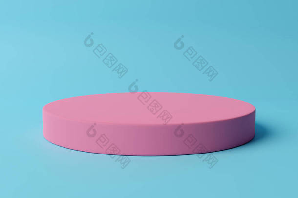 粉色圆柱形讲台上明亮的蓝色背景.第三步在讲台背景下渲染产品.最小3D渲染。陈列柜，陈列柜