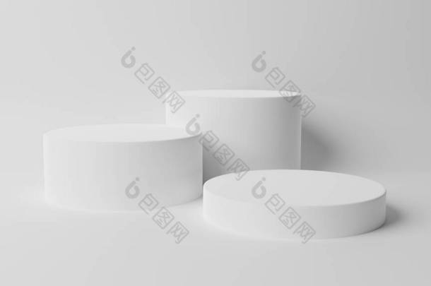 圆柱形的花坛是白色的.第三步在讲台背景下渲染产品.最小3D渲染。陈列柜，陈列柜