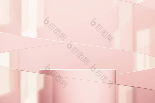 粉色圆柱形讲台和玻璃曲线背景,最小的抽象背景为产品展示.3d渲染