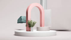 粉色弧形的大圆形讲台上,背景淡灰色,绿色植物.最小的设计。3d渲染.