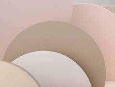 粉红奶油的形状在彩色抽象的背景上.最小的形状和气缸背景.弯曲的场景。化妆品展示的空陈列柜。3D渲染. 