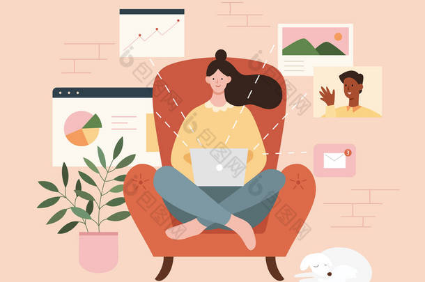 女人舒适地坐在扶手椅上，在家里的笔记本电脑上工作，平面插图。自由或在家工作的概念.
