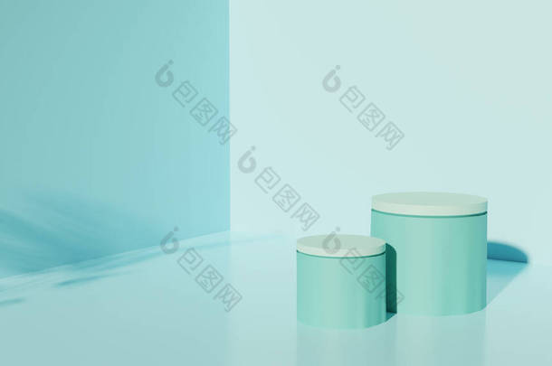 产品展示的两个3D清洁平台展示了彩色彩绘的深蓝色主题托盘的宁静
