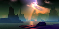 幻想的外星星球山和湖。3D插图