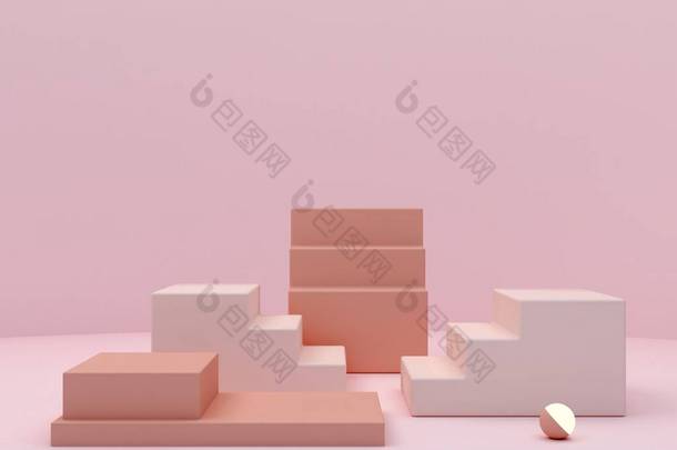 粉红色的珊瑚形状在珊瑚的抽象背景上.最小的盒子和几何讲台。有楼梯和几何形状的<strong>场景</strong>。化妆品展示的空<strong>陈</strong>列柜。3D渲染.