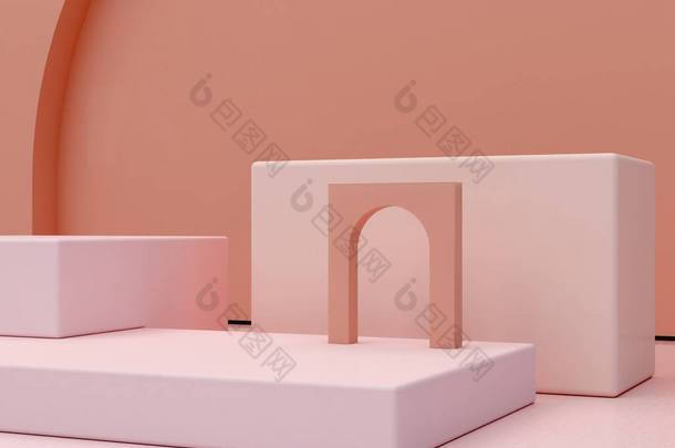 粉红色的珊瑚形状在珊瑚的抽象背景上.最小的盒子和几何讲台。有楼梯和几何形状的场景。化妆品展示的空陈列柜。3D渲染.