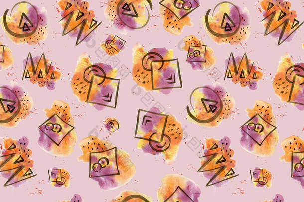水彩画无缝图案数码纸纺织品包装.粉色背景上的彩色水彩画紫罗兰、橙色和黑色抽象几何元素