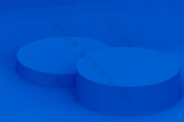 3D蓝色圆筒讲台最小工作室背景。摘要三维<strong>几何形</strong>体图解绘制.技术产品的展示.