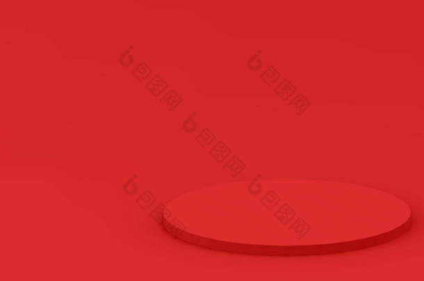 3D红色圆筒讲台最小工作室背景。摘要三维<strong>几何形</strong>体图解绘制.夏季假日产品的展示.